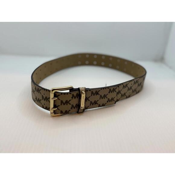 Michael Kors Women\'s Gold Buckle Belt, Brown/Luggage MK Logo Size S
